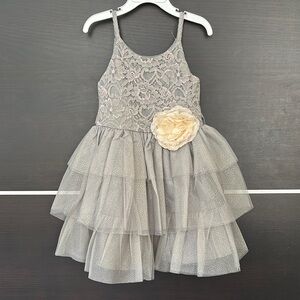 Pink & Violet Gray Sleeveless Lace Top 3 Tiered Dress with Floral Detail